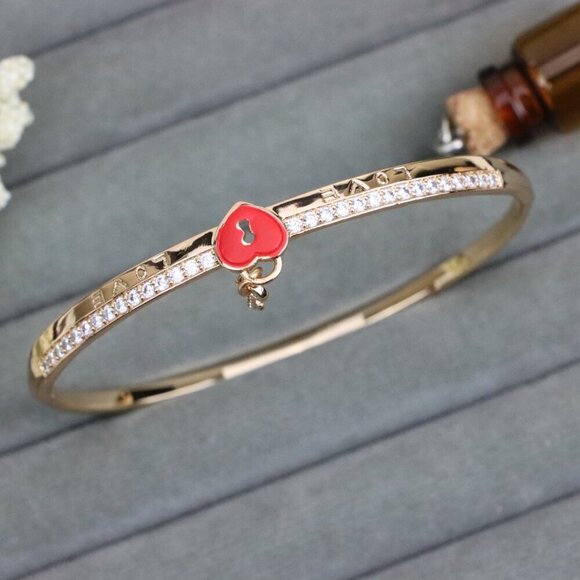 Rose Gold Bangle with Red Heart Lock and Key Charm Accent, XPBL0562 - Picture 12 of 12